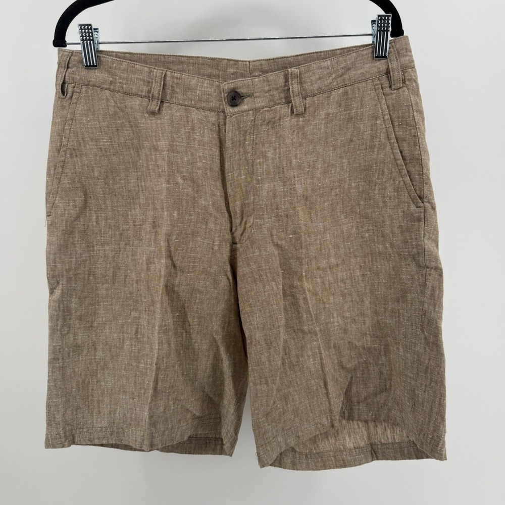 Turtleson Mens 100% Linen Flat Front Shorts Brown Size 34 Casual Resort Wear